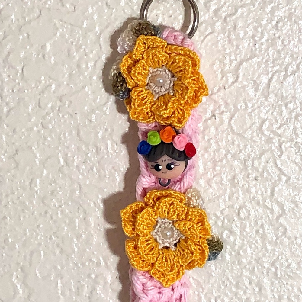 Handmade Pink and Yellow Crochet Keychain